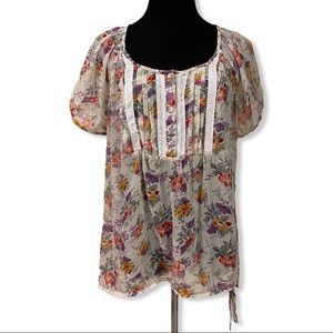 A.N.A. Short Sleeve Peasant Top Floral Sheer Blouse 2X